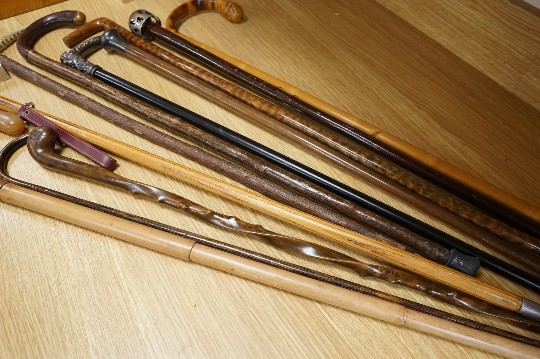 A collection of various walking sticks, one silver mounted